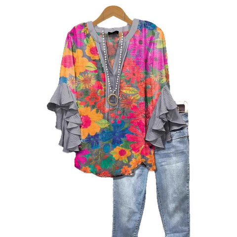 T-shirt à col en V et bordure lotus, imprimé floral créatif, impression numérique, tendance décontractée, m301358 