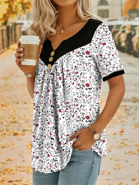 Lässiges Kurzarm-Oberteil mit kleinem Blumen-Spleißknopf m300662 
