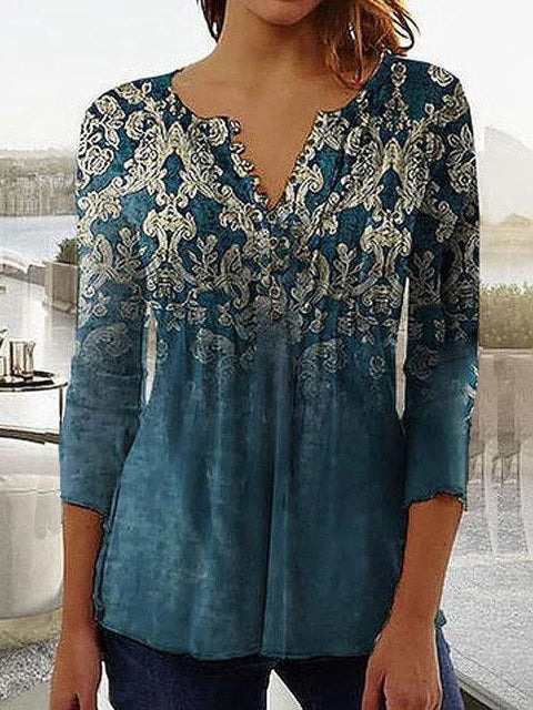 Bedrucktes T-Shirt mit V-Ausschnitt und kurzen Ärmeln, Plissee-Knopfleiste, Unterhemd m300032 