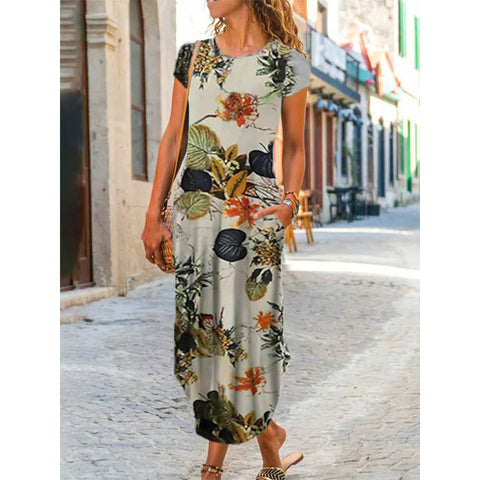 Rundhals-Tasche Kurzarm-Trend-Print-Kleid m300031 