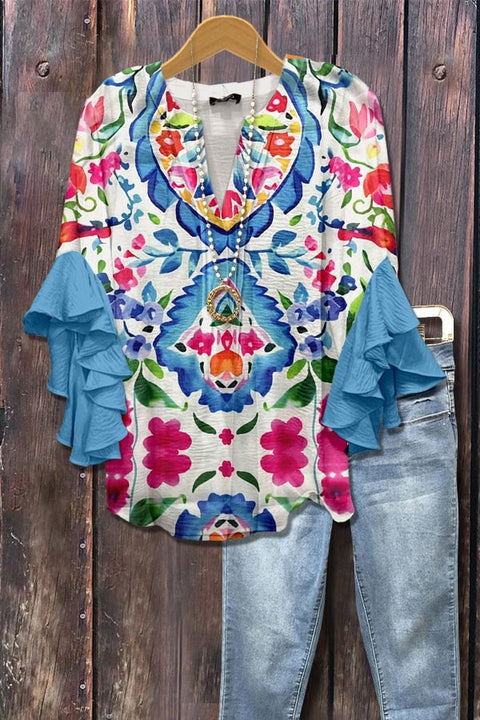 T-shirt à col en V et bordure lotus, imprimé floral créatif, impression numérique, tendance décontractée, m301358 