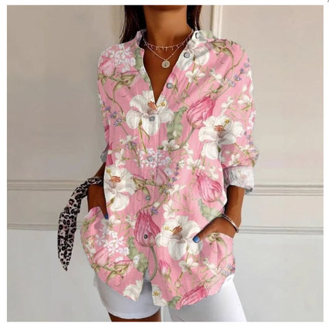 3D digital printing abstract pattern women's long-sleeved buckle linen shirt m302749-03