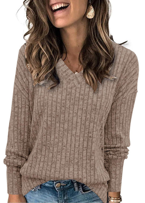 Women's long-sleeved V-neck pit strip polished knitted top T-shirt m302092