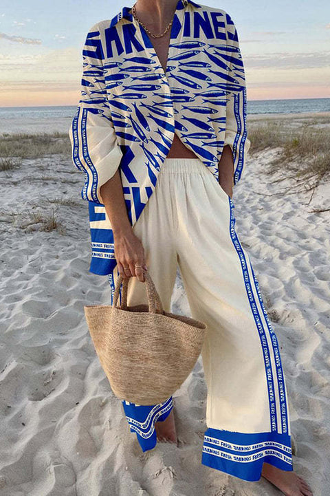 Linglong hemp fish shading casual suit loose sports wide-leg pants marine element casual shirt m303169