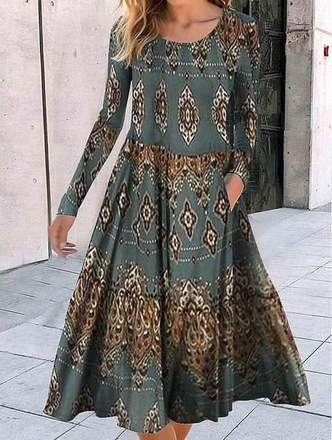 Rundhalsausschnitt, Langarm, lockeres Pendelkleid mit geometrischem Muster, bedruckt, m300700 