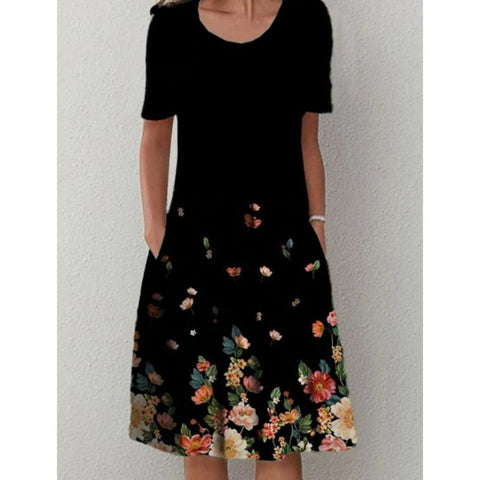 Frühling/Sommer Blumen bedrucktes Rundhals-Taschen-Mittellanges Kleid für Damenbekleidung m300037 