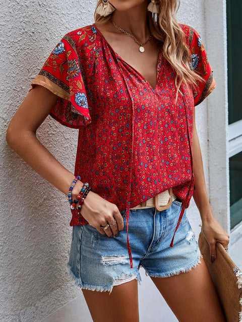 Chemise ample à manches courtes et col en V, style décontracté et célèbre, m300885 