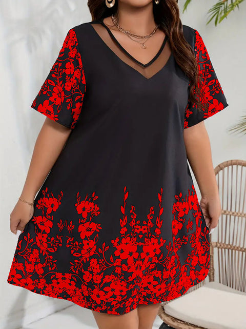 Lockeres, bequemes und lässiges Kurzarmkleid aus bedrucktem Netzstoff mit Nähten M300199 
