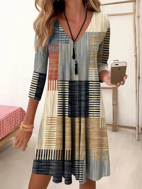 Autumn and winter V-neck high waist retro gradual change color printing nine-quarter sleeve loose dress m300742