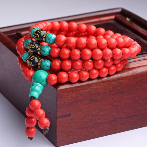 Bracelet multicouches en perles de Bouddha turquoise, ornement tibétain, 108 perles de Bouddha, bracelet enroulé en perles de Bouddha turquoise, fil élastique m3331228