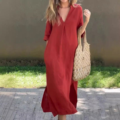 Split V-neck 7-point sleeve chest pleated dress m301506 on both sides