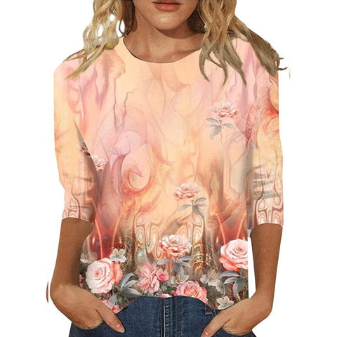 Pull ras du cou à manches sept-quarts et imprimé 3D de fleurs et de plantes m300615 
