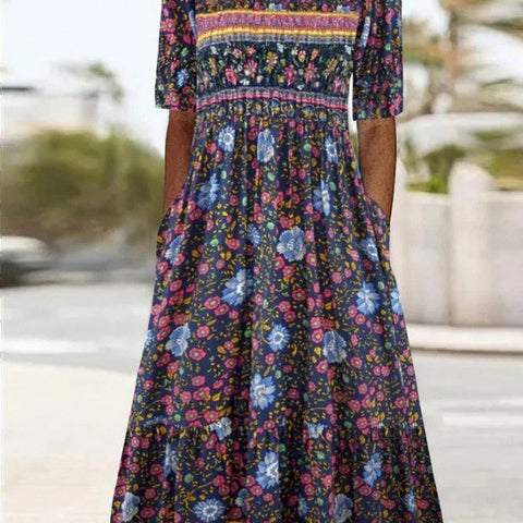 Women's Crew Neck Short Sleeve Long Dress Bohemian Dress m302895