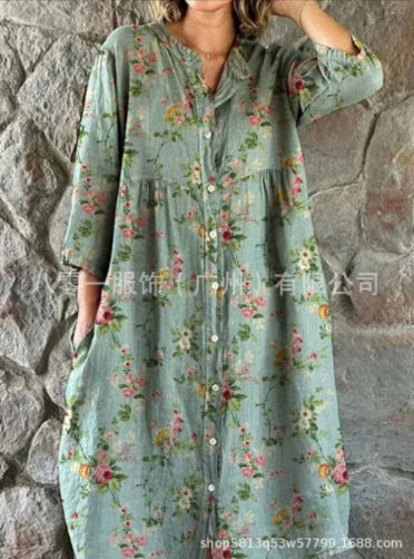 Lockeres Damen-Hemdkleid mit Rundhalsausschnitt, modisch, Premium, langärmlig, bedruckt, m301050