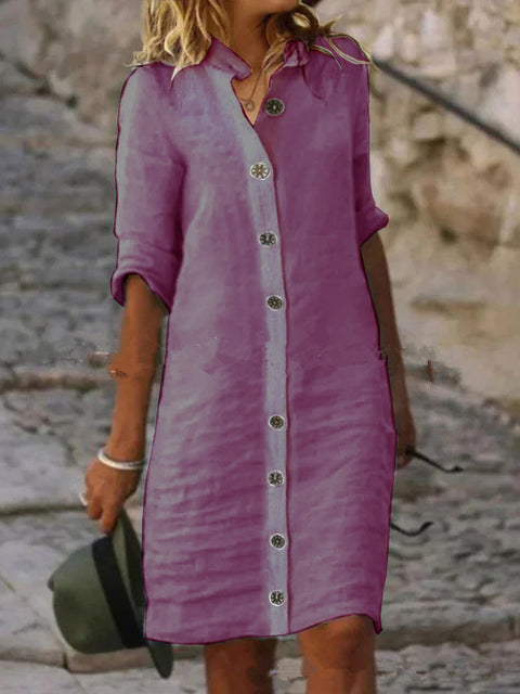 Hemdkragen, Halbarm, große runde Schnalle, Kleid aus Baumwolle und Leinen, M300218 