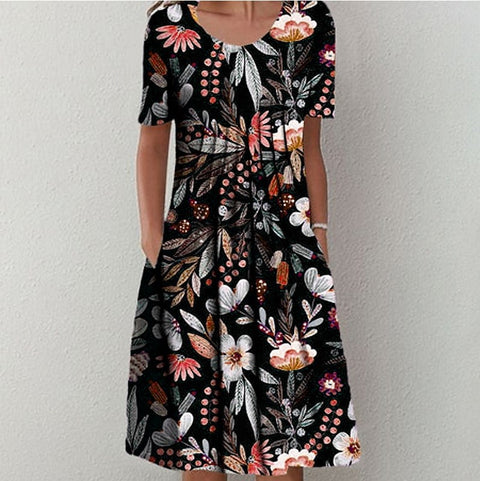 Robe mi-longue à imprimé floral, col rond, poches, printemps/été, pour femme, m300037 