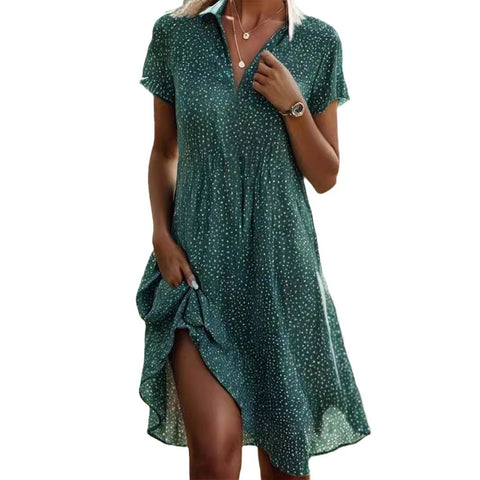 Langes Kleid, lässig, locker, V-Ausschnitt, bedruckt, gepunktet, Hemdkleid, m300919 