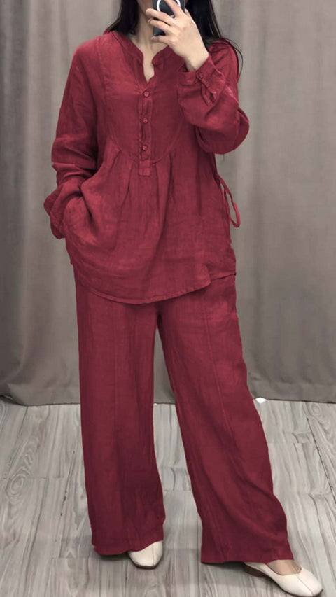 New fashionable and comfortable cotton and linen long-sleeved semi-open placket casual pleated wide-leg pants set m301930