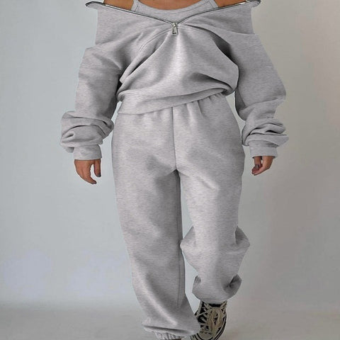 Casual sports home loose and comfortable zipper fleece knitted sweater sweatpants two-piece women's clothing m301654