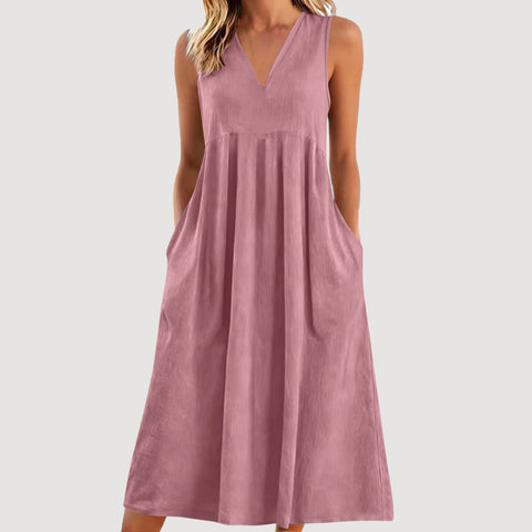 Solid color pullover V-neck sleeveless cotton loose dress m302773