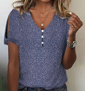 3D printed V-neck button-up T-shirt top daily short-sleeved m301263