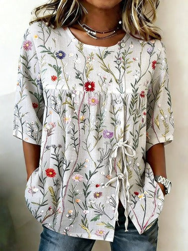 Temperament women's long-sleeved shirt printed top lace-up shirt m302925