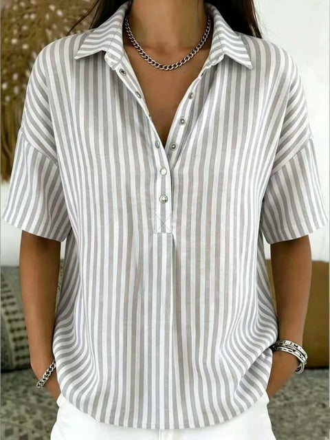 Women's fashion casual striped short-sleeved shirt lapel m302741