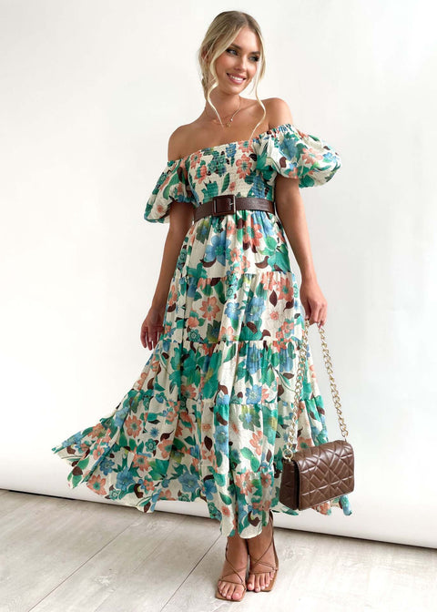 Robe longue imprimée à manches bouffantes et épaules dénudées pour femme M300282 