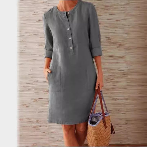 Robe à manches longues et col rond en coton et lin m300061 