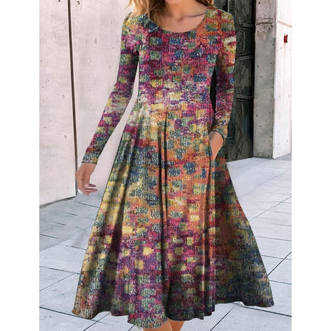 Rundhalsausschnitt, Langarm, lockeres Pendelkleid mit geometrischem Muster, bedruckt, m300700 