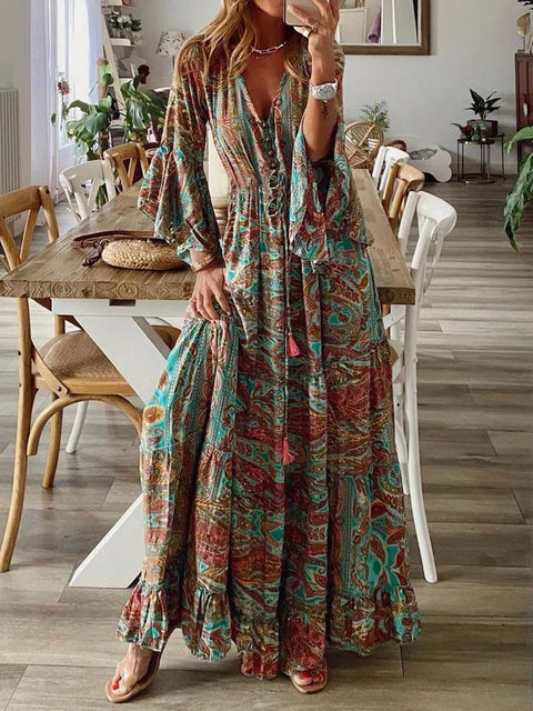 Bohemian Urlaubskleid mit ausgestellten Ärmeln, V-Ausschnitt und hoher Taille, bedruckt, m300709 