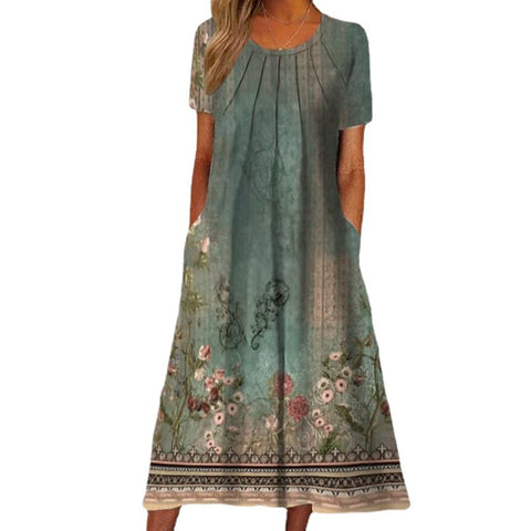 Elegantes, bedrucktes, kurzärmliges, mittellanges Kleid mit Tasche M300198 