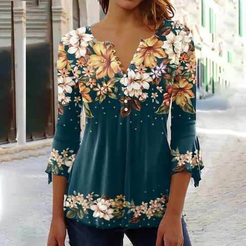 T-shirt à imprimé floral Ruili Fashion, col en V, manches trois-quarts m300035