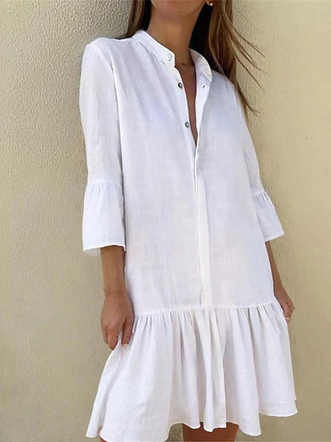 Robe chemise boutonnée à col montant et manches 9/4 en coton avec ourlet plissé m300679 