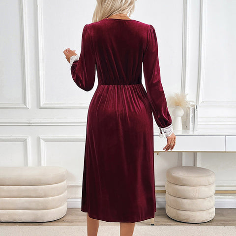 Herbst und Winter Samt langes Kleid Herbst und Winter Spitze Spleißen kontrastierendes Kleid Kleid m300773 