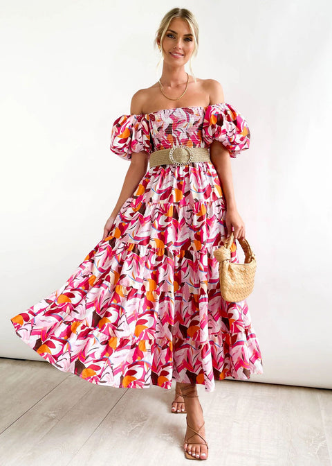Robe longue imprimée à manches bouffantes et épaules dénudées pour femme M300282 