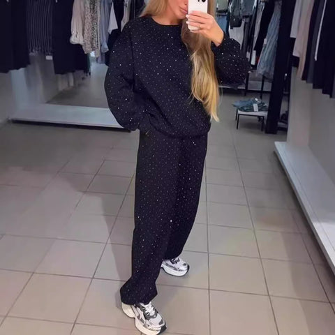 Women's casual round neck long sleeve full body hot diamond drawstring foot tie two-piece set m301499