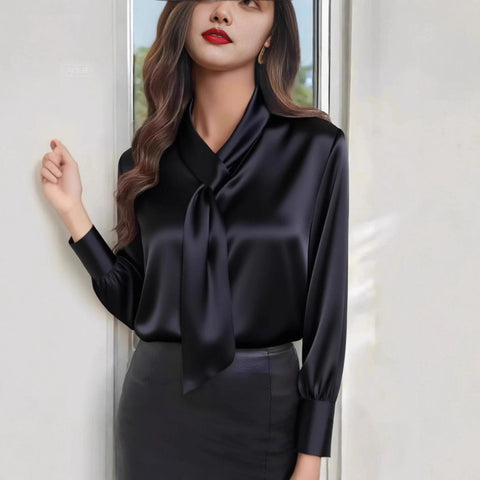 Autumn solid color fashion design sense streamer long sleeve shirt women's clothing m301975
