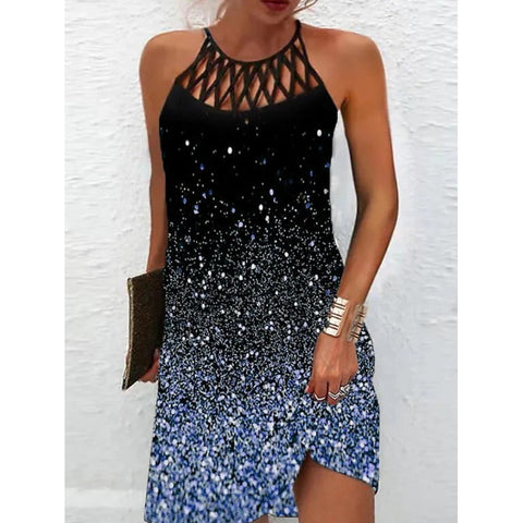 Robe imprimée sans manches à col rond et col ajouré, coupe ajustée, dos nu, M300192 