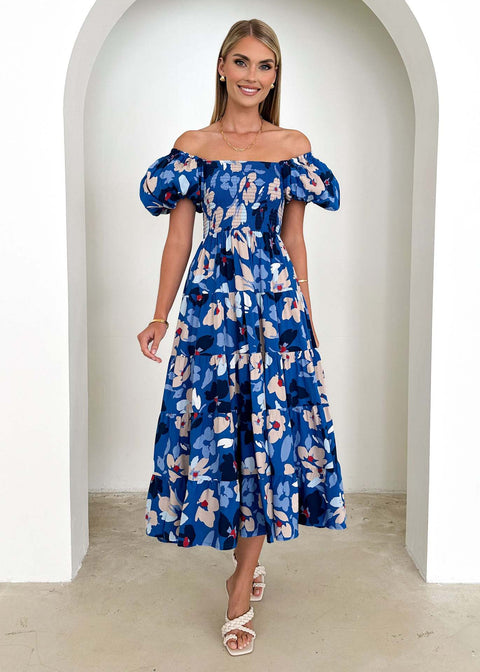 Robe longue imprimée à manches bouffantes et épaules dénudées pour femme M300282 