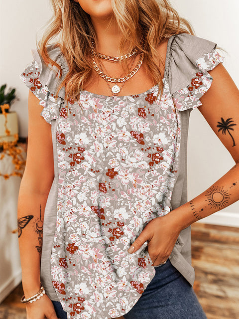 Plissiertes kurzärmliges T-Shirt-Oberteil mit böhmischem Blumendruck m301034 