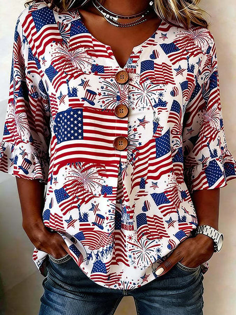 Small V-neck shirt flared sleeve printed button-down shirt m302753