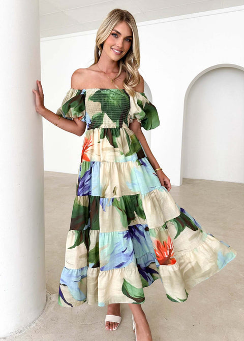 Robe longue imprimée à manches bouffantes et épaules dénudées pour femme M300282 