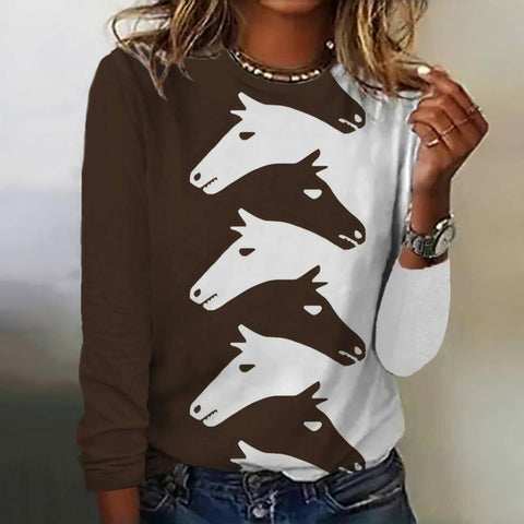Modisches, kreatives T-Shirt mit Rundhalsausschnitt und Pferdekopf-Print in Übergröße m300933 