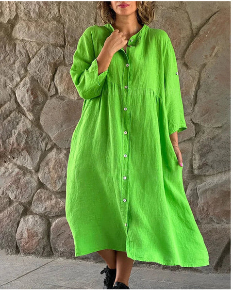Cotton and linen solid color casual stand-up collar button long dress m301322