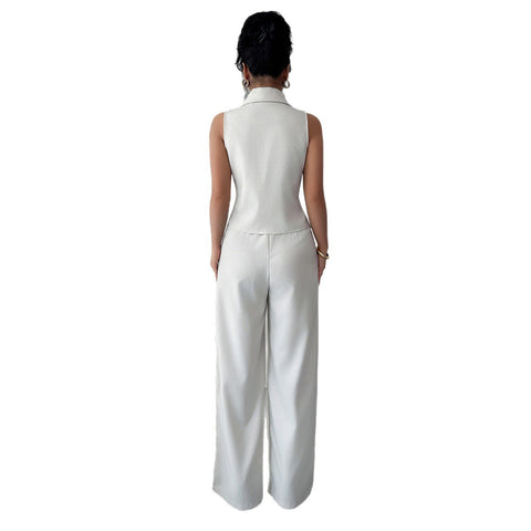 Costume deux pièces style vacances avec gilet et pantalon boutonnés pour femme m301389 