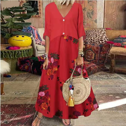 V-Ausschnitt Kurzarm Bedrucktes Langes Kleid Knopf Freizeitrock M300187 