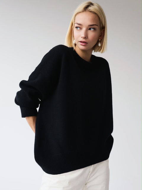 Women's knitted sweater crew neck solid color loose sweater m300667