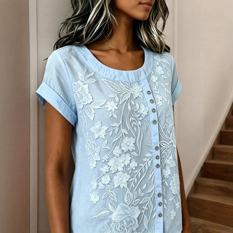 Ethnic style flower embroidered top large size loose cotton and linen texture short-sleeved temperament casual shirt m302765