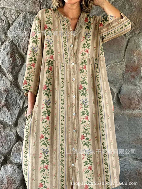 Lockeres Damen-Hemdkleid mit Rundhalsausschnitt, modisch, Premium, langärmlig, bedruckt, m301050